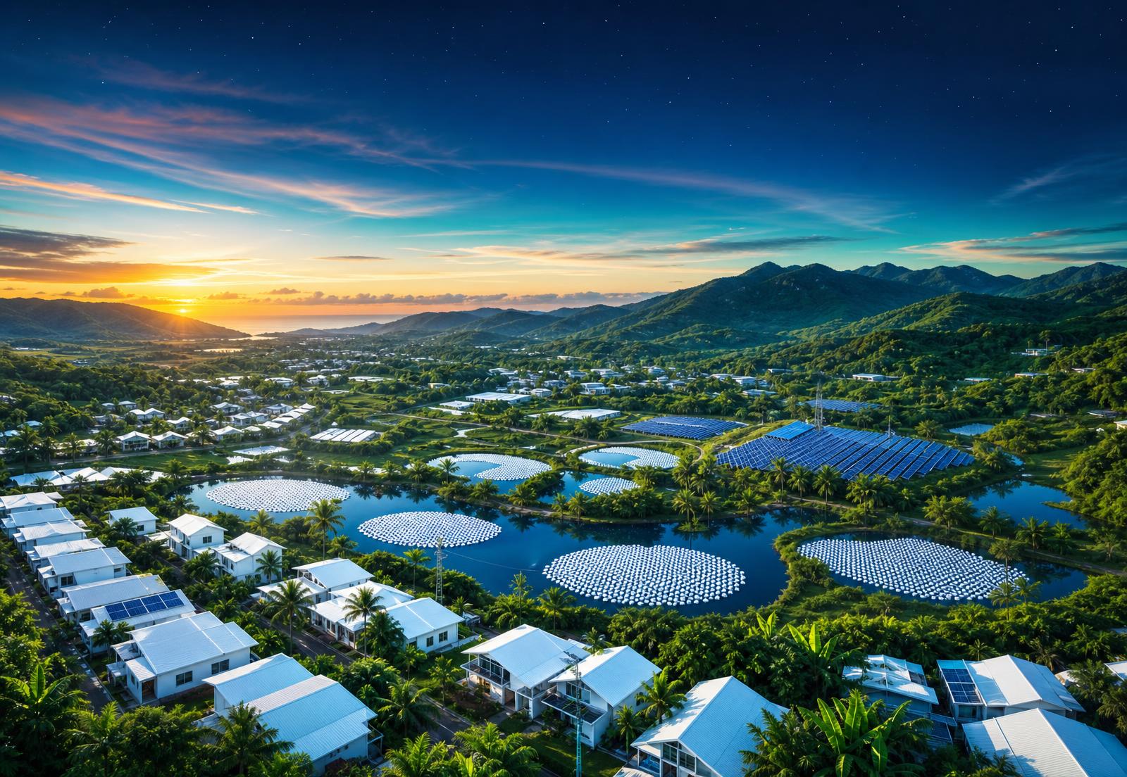 A tropical valley at dawn with bright reflective rooftops, solar panels, and cooling reservoirs scattered across a thriving green coastal community.