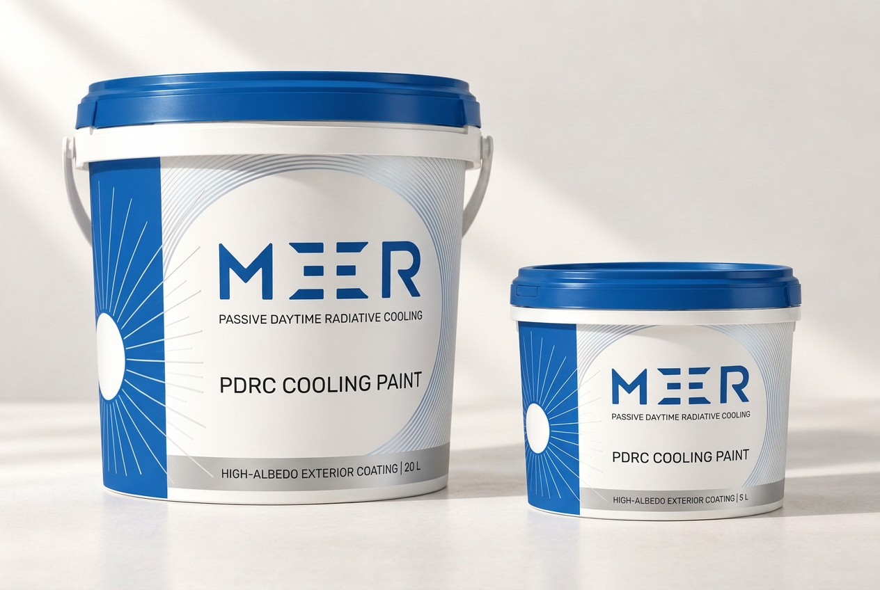 Two tubs of MEER PDRC cooling paint in blue and white packaging