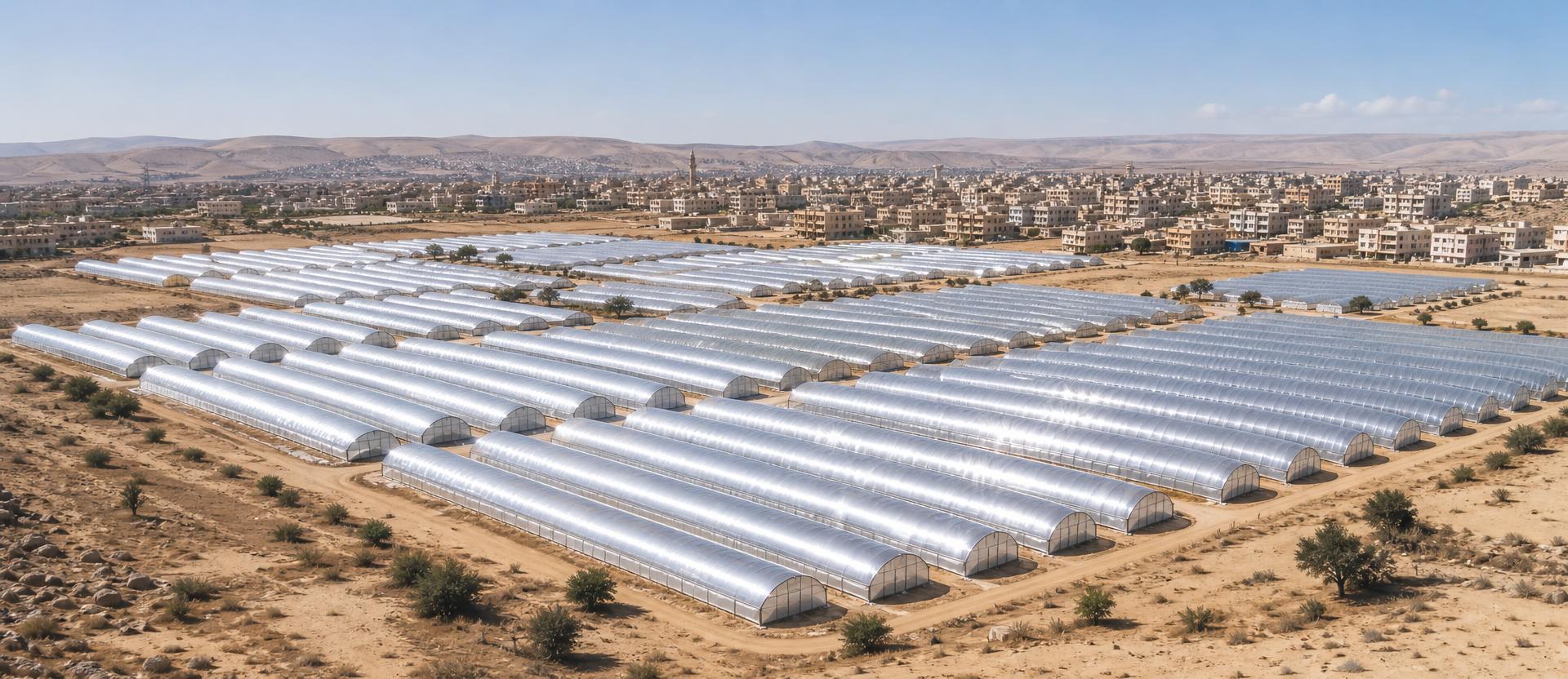 Concept visualization of dense rows of highly reflective agricultural tunnels with sustainable support frames filling an arid semi-arid landscape on the edge of a town or city, with buildings visible in the background