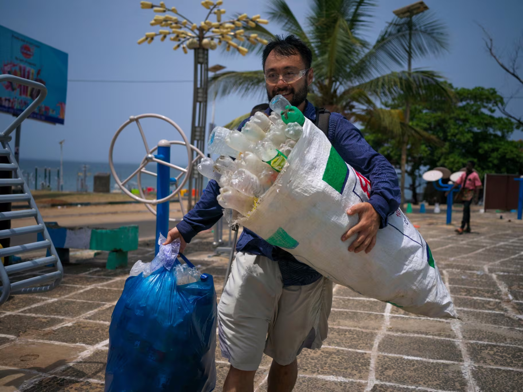 Collecting plastic bottles for reuse in canopy structures