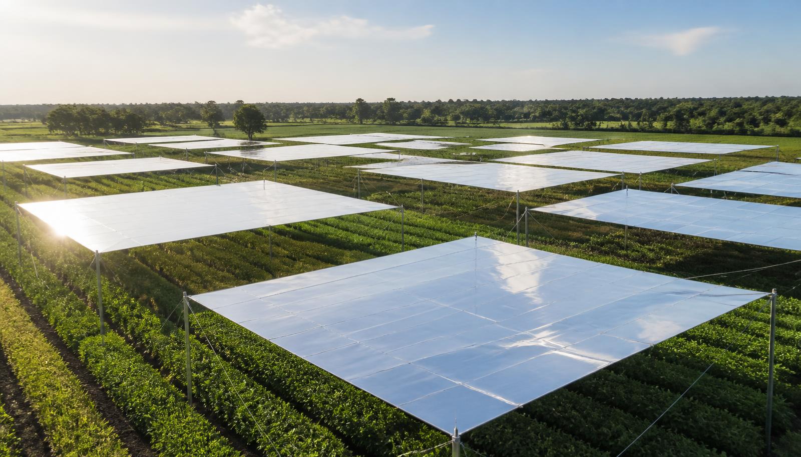 Vista aérea de campos agrícolas bajo estrés térmico.