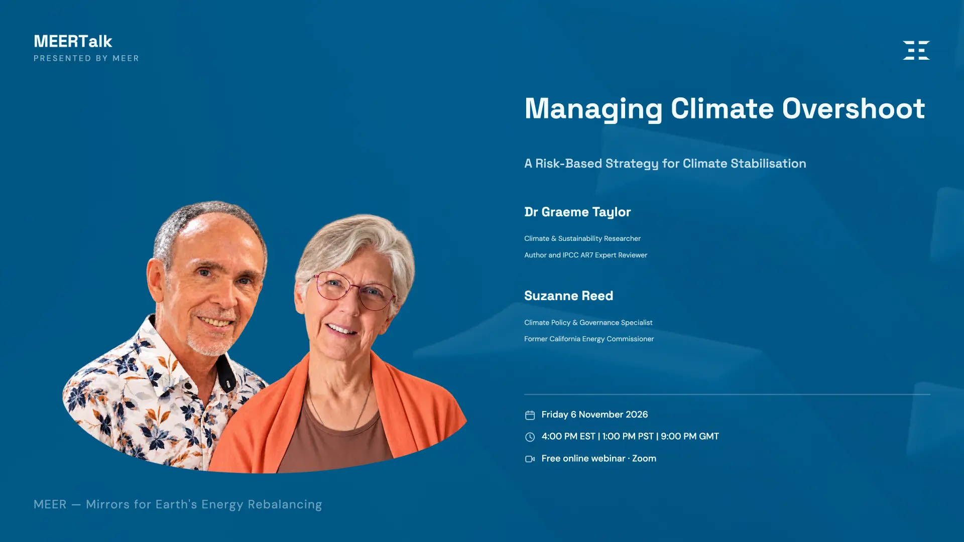 Managing Climate Overshoot: A Risk-Based Strategy for Climate Stabilisation — Dr Graeme Taylor and Suzanne Reed, Friday 6 November 2026