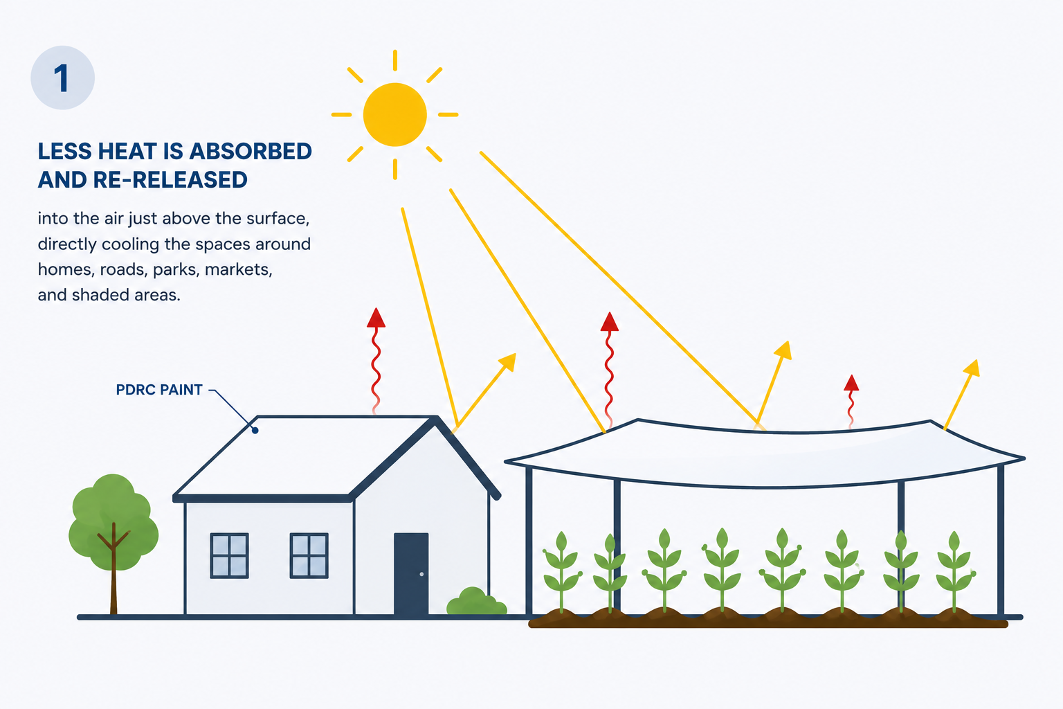 Diagram showing how PDRC paint on a house roof and a reflective canopy over crops absorb less heat and re-release less warmth into the surrounding air