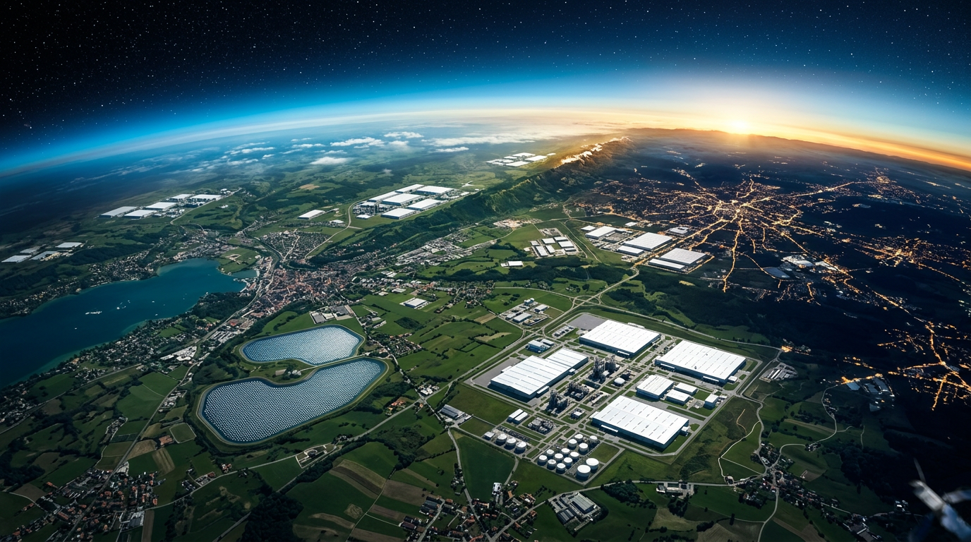 Earth seen from space at sunrise with reflective cooling reservoirs, large industrial factories with bright white rooftops, and green continents beneath a starry sky.