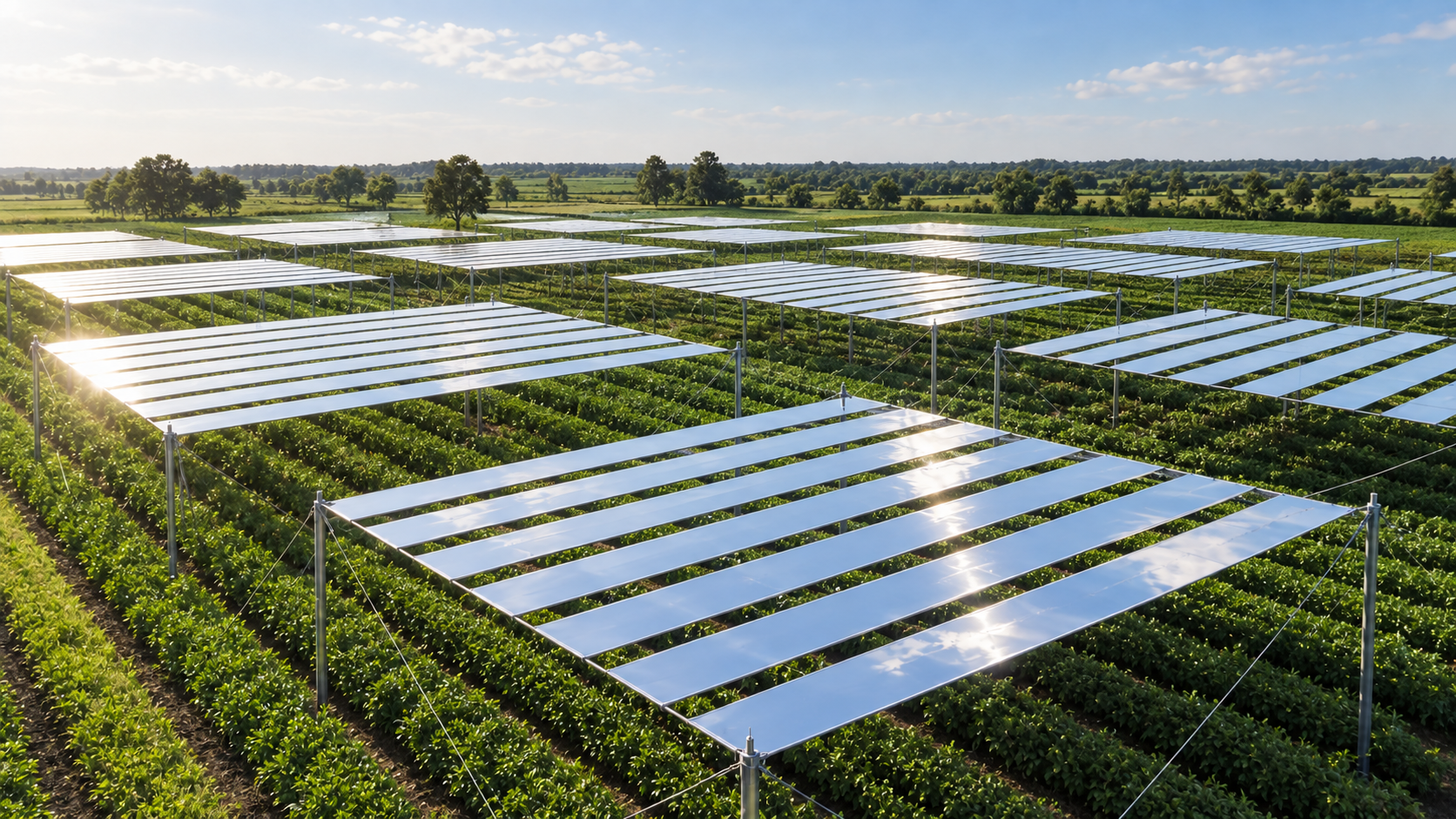 Aerial view of large rectangular reflective canopy modules of parallel mirrored slats, raised on slim poles and guy cables in a staggered grid above green crop rows, with open sunlit gaps between the modules