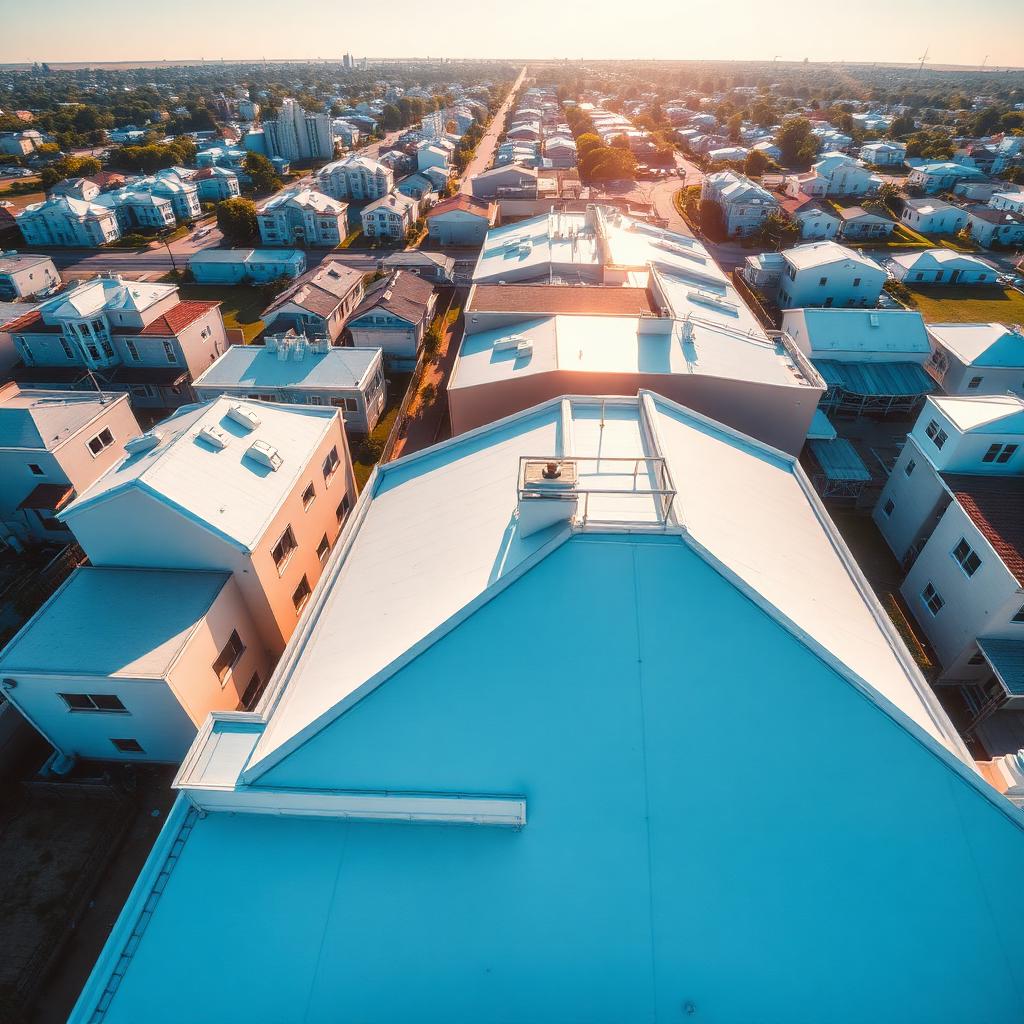 Aerial view of bright reflective roofs in a sunny neighborhood