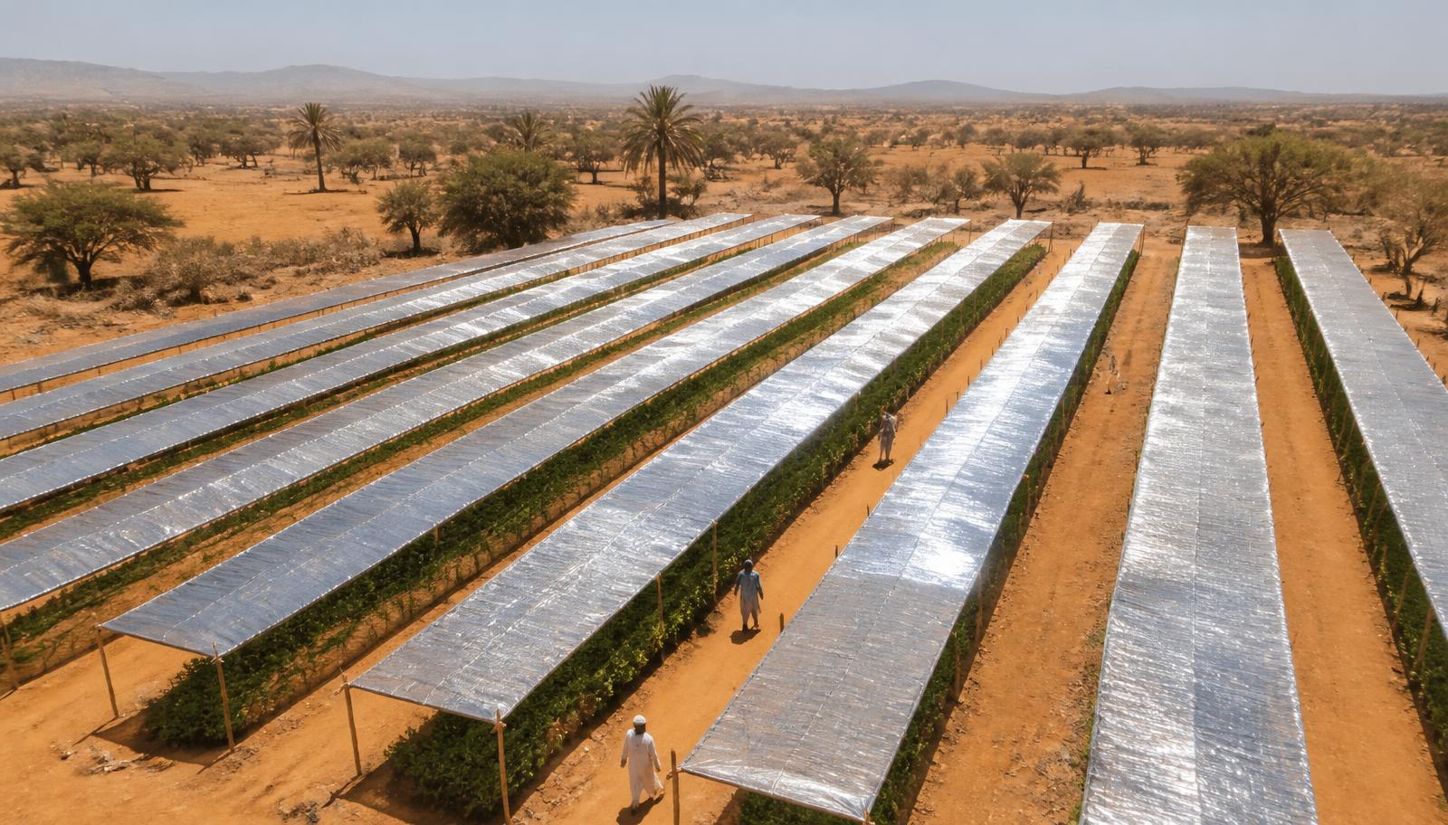 Aerial view of a semi-arid tropical farm where long parallel strips of highly reflective silver canopy are raised on lightweight poles above crop rows, with open sunlit gaps of dry earth between each strip